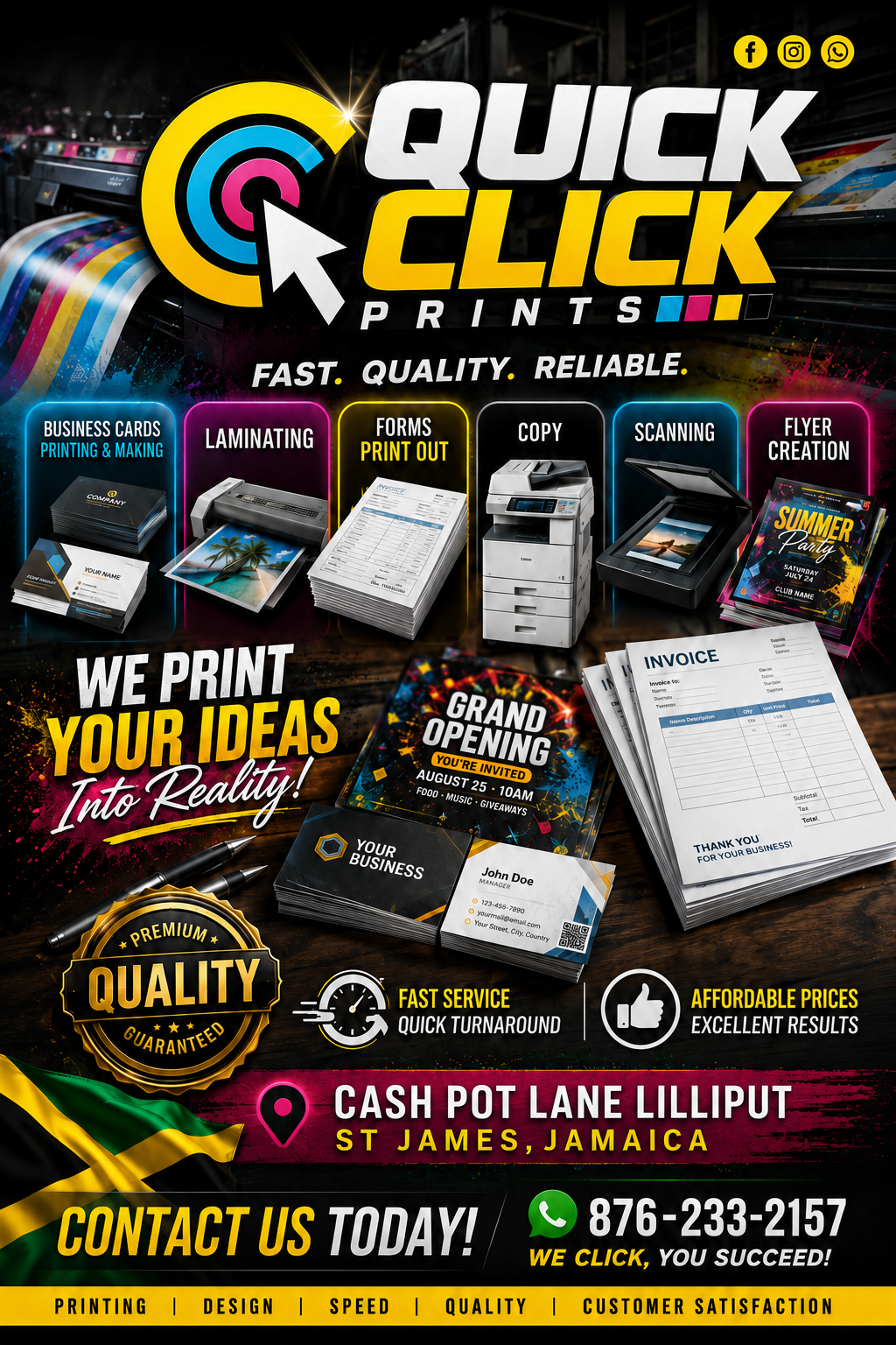 QuickClickPrints services flyer showing business cards, laminating, forms, copying, scanning and flyer creation