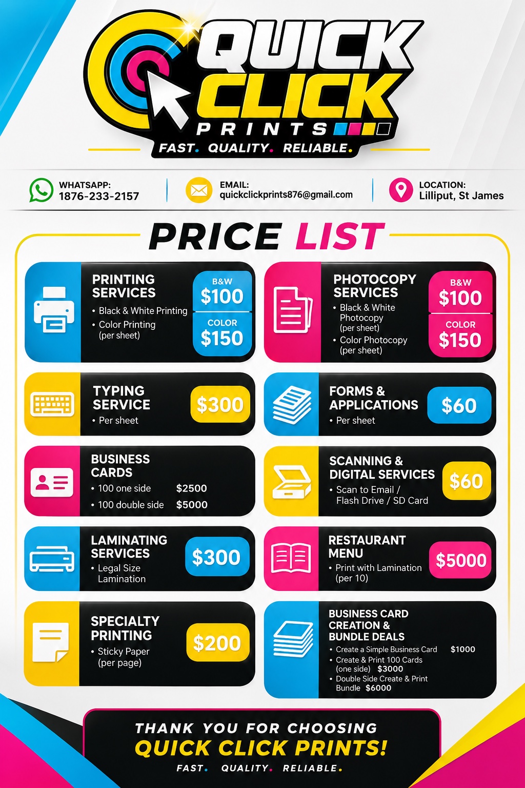 QuickClickPrints price list for printing, photocopying, typing, forms, business cards, scanning, laminating, restaurant menus and specialty printing